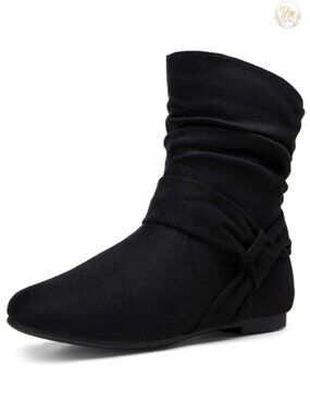 Womens Slouch Ankle Boots Faux Suede Low Heel Side Zip Booties